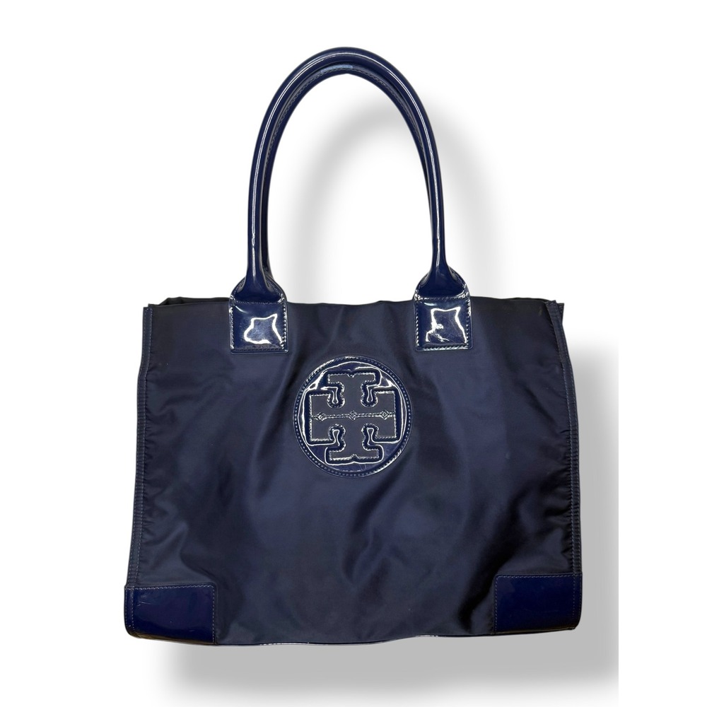 Tory Burch Ella Nylon Tote Bag Navy Blue Patent Leather